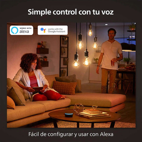 Cozy living room with Retro Edison Style A19 Smart LED Filament Bulb, dimmable glow, Alexa control in vintage setting.
