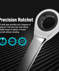 Ultra Long Ratcheting Wrench Set With Double Box Ends Metric 9 Piece Premium Beefy Chrome Vanadium Steel Heat Treated For Maximum Strength And Durability Built For Quick Tightening And Loosening Of Bolts In Tight Spots., 72-tooth ratchet head close-up