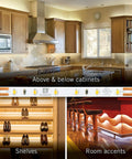 24V White LED Strip Lights, 60 LEDs Per Meter, 32.8 Feet, 3000K Warm White illuminating kitchen cabinets, shelves, room accents