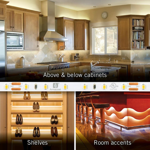 24V White LED Strip Lights, 60 LEDs Per Meter, 32.8 Feet, 3000K Warm White illuminating kitchen cabinets, shelves, room accents