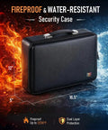 Built Tough Fireproof And Waterproof Document Safe Box With Lock For Papers Laptops And Passports, hard-shell black case.