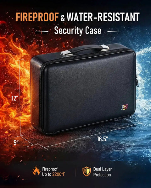 Built Tough Fireproof And Waterproof Document Safe Box With Lock For Papers Laptops And Passports, hard-shell black case.