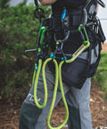 Harness with climbing gear using Sidekick Lanyard Manager auto adjusts to most lanyard diameters with one-handed operation 99563.