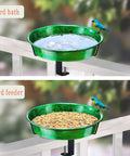 Heavy Duty Deck Mounted Bird Bath And Feeder For Patio Rails 11.5 Inch Sturdy Metal Basin features a blue bird on a bird bath.
