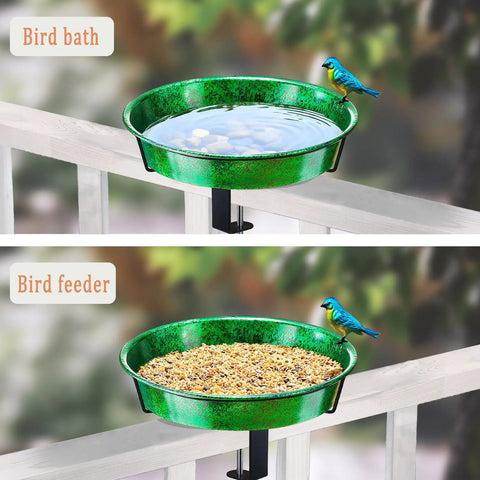 Heavy Duty Deck Mounted Bird Bath And Feeder For Patio Rails 11.5 Inch Sturdy Metal Basin features a blue bird on a bird bath.