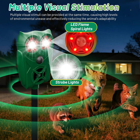 Solar Powered Ultrasonic Animal Repellent With Motion Sensor And LED Flashing Lights For Outdoor Yards Waterproof Device To Repel Deer Coyotes Raccoons And Cats, green unit