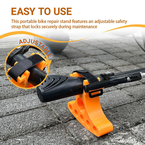 Two Pack Bike Repair Stands With Handlebar Support shown in orange, adjustable design on a paved surface.