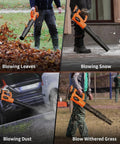 Cordless Leaf Blower 21V With Dual 2.0Ah Batteries And Fast Charger in use on leaves, snow, dust, and withered grass.