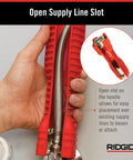 No Fuss Under Sink Faucet Install And Removal Wrench With 6 Sided Cube Insert in use on a supply line, showing open slot feature.