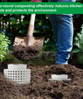 Two Pack Inground Worm Composters For Home Gardens And Raised Beds Worm Farm Bin Kit For Garden Use Reduces Food Waste Easy Lid Access Durable Outdoor Composting System installed in soil with garden shovel.