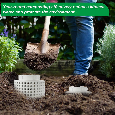 Two Pack Inground Worm Composters For Home Gardens And Raised Beds Worm Farm Bin Kit For Garden Use Reduces Food Waste Easy Lid Access Durable Outdoor Composting System installed in soil with garden shovel.