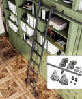 Sliding Barn Door Kit With Floor Roller Wheels And Rolling Library Ladder Hardware, Black Round Track Kit for 13Ft Tracks