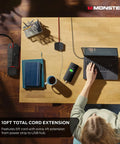 Top view of a workspace featuring Vertex Dope Surge Protector With Detachable USB Power Strip, devices connected.