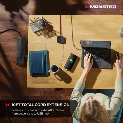 Top view of a workspace featuring Vertex Dope Surge Protector With Detachable USB Power Strip, devices connected.