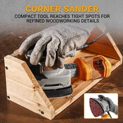 Detail Sander For Precise Handheld Work 1.5A Mouse Palm Corded Sander With Slick Dust Collection in use on wooden surface