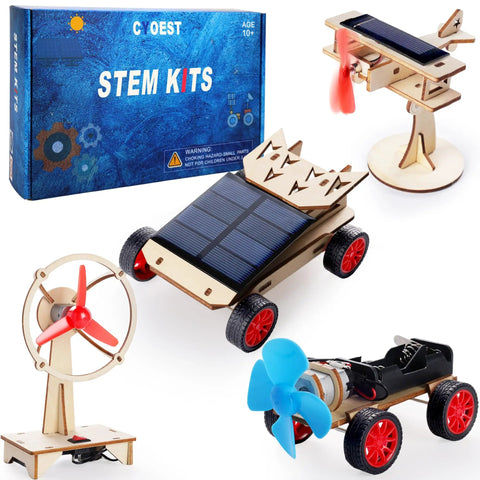 Four In One Solar Power And Engineering STEM Kit with solar car, wind vehicle, fan, and plane, 3D wood puzzles for kids