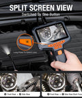 Dual Lens Endoscope With Light for Home and Auto Fixes, 4.3 Inch HD screen showing engine view on flexible cable probe.