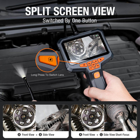 Dual Lens Endoscope With Light for Home and Auto Fixes, 4.3 Inch HD screen showing engine view on flexible cable probe.