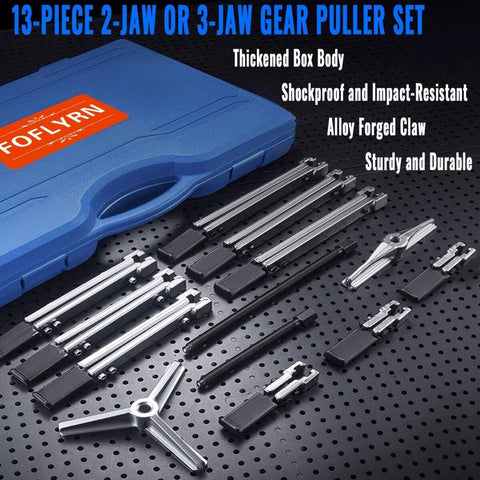 13-piece 2-jaw or 3-jaw gear puller set with blue case, showcasing components for use in automotive and industrial repair.