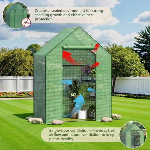 Outdoor Walk In Greenhouse With Three Tiers And Four Shelves, Heavy Duty PE Cover, Easy Setup No Tools Needed Detach Design, Ideal For Garden Or Backyard Growers, A Compact Yet Sturdy Shelter For Plants All Season