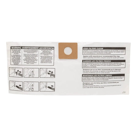 Back view of Heavy Duty Disposable Vacuum Filter Bags For 4 Gallon Tanks, Easy Snap In And Seal, 3 Pack with illustrated instructions.