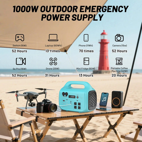 Total Game Changer 1000W Portable Power Station With 1024Wh Capacity on a beach table powering devices like cameras and drones.