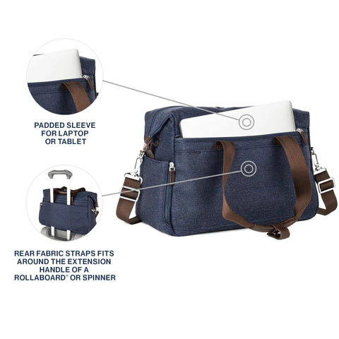Underseat Carry On Tote Bag For Weekends And Overnight Trips Soft Sided Travel Buddy With Durable DuraGuard Fabric Eco Friendly Lining From Recycled Plastics Leather Accents Water Guard Interior Navy Blue 16.5 Inch with padded laptop sleeve and rear strap for suitcase handling.