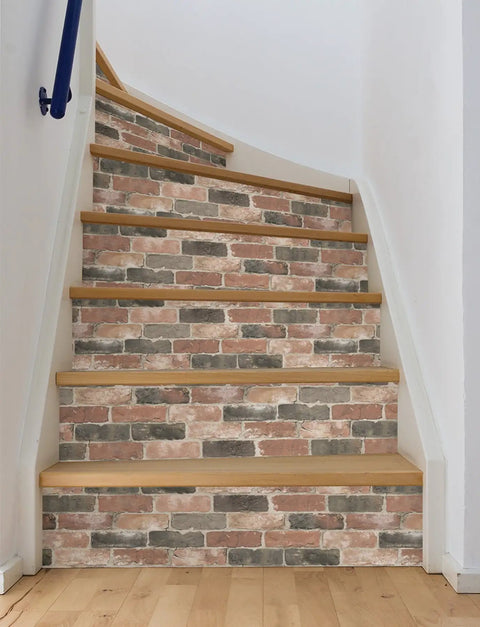 Newport Reclaimed Brick Peel And Stick Wallpaper Red Removable Self Adhesive Wall Covering on staircase, accent wall detail