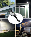 Solar Powered Outdoor LED Lights With Motion Sensor, 48 LEDs Flood Light shown lighting a yard, shed, and outdoor space at night.