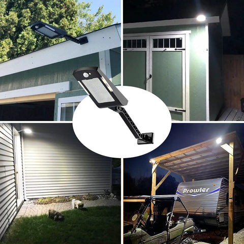 Solar Powered Outdoor LED Lights With Motion Sensor, 48 LEDs Flood Light shown lighting a yard, shed, and outdoor space at night.