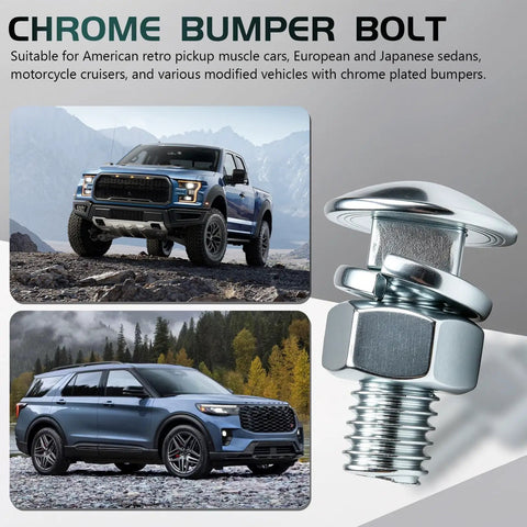 Chrome bumper bolt with Ford vehicles, part of the Heavy Duty Carriage Bumper Bolt Kit 7/16-14 X 1-1/4 Round Head Bolts For Ford Front And Rear Bumpers Includes 4 Bolts 4 Nuts And 4 Washers High Strength Steel For Secure Bumper Mounts.