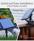 Two installation options for the Ambience Pro 27 Ft Solar Powered Outdoor String Lights With 12 Shatterproof LED Bulbs.