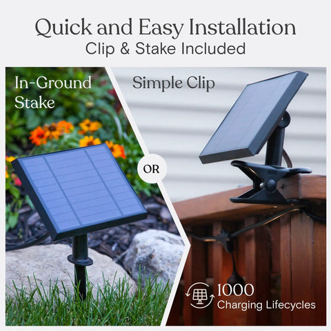 Two installation options for the Ambience Pro 27 Ft Solar Powered Outdoor String Lights With 12 Shatterproof LED Bulbs.