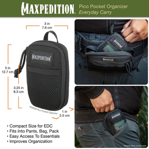 Pico Pocket Organizer Ultra Compact EDC Gear Pouch shown in black, dimensions 3 x 5 x 1 in, made from 500D nylon with YKK zipper.