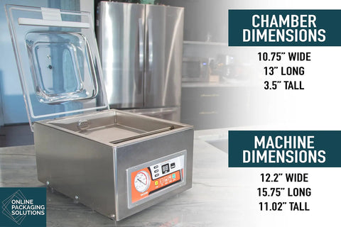 Chamber Vacuum Sealer CM255 For Home And Commercial Kitchens, Industrial Grade Packing Machine with dimensions and controls visible