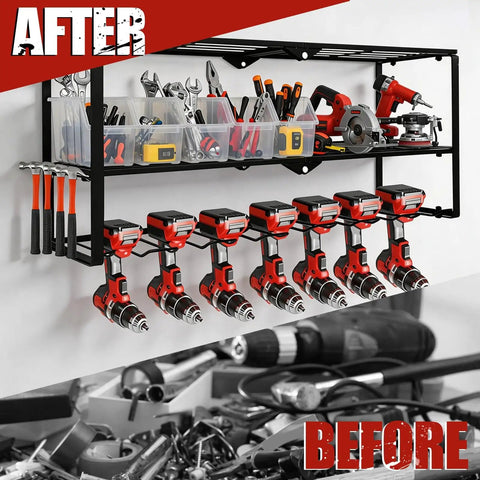 Power Tool Organizer Wall Mount With 3 Level Drill Rack And Charging Station, Adjustable Hooks And Eight Drill Holders, Heavy Duty