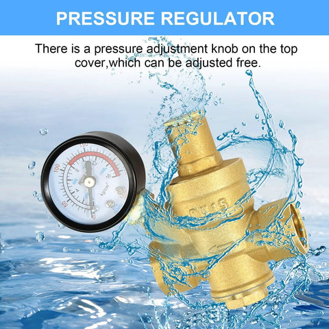 Front view of brass water pressure regulator with 1/2 inch fittings and gauge, adjustable reducing valve.