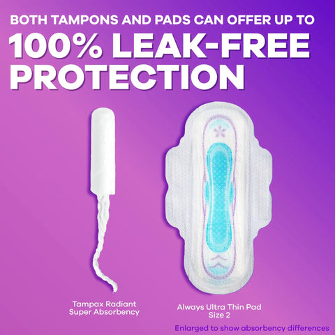 Radiant Tampons For Women Multipack With LeakGuard Braid, Unscented, next to Always Ultra Thin Pad size 2 on gradient background.