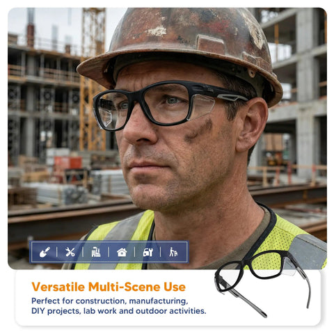 Worker on construction site wearing Safety Glasses With Side Shields Anti Fog Clear Lens For Construction Lab Work And DIY Built Tough