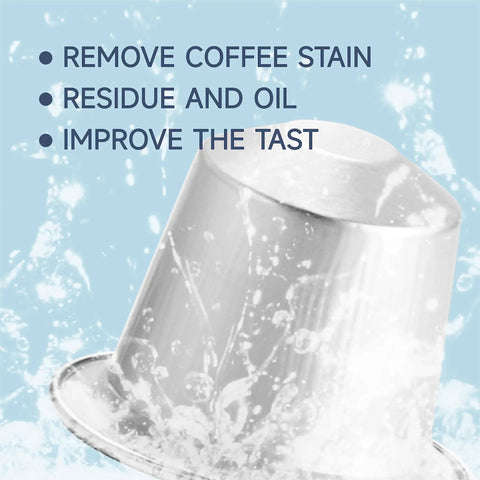 Cleaning Capsule Pods For Nespresso OriginalLine Machines 6 Pack Descaling Pods And Cleaning Solution To Remove Residue And Oils Keep Your Brew Fresh For Real Strong Flavor And Machine Running Smooth, white pod image with residue-removal text