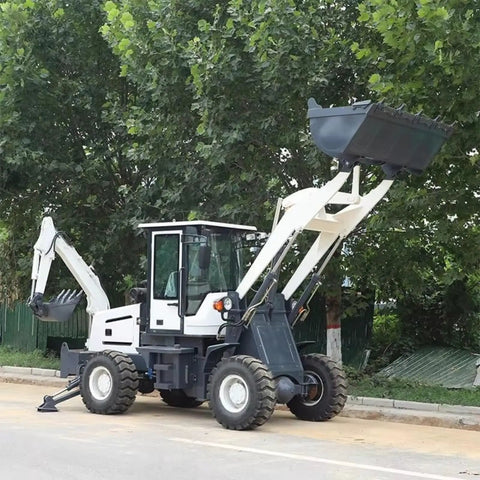 Powerful 4WD Backhoe Loader With 2.5 Meter Digging Depth, Loader Bucket raised, shown on construction site with trees