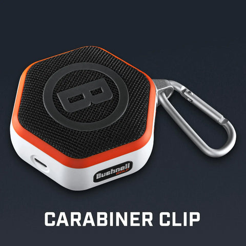 Wingman Mini GPS Speaker With Audible Distances, Ultra Portable Bluetooth Golf Speaker, waterproof, carabiner clip, orange