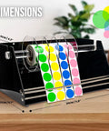 Rock Solid Acrylic Label Dispenser With Grippy Non Slip Base features colorful sticker rolls on a sleek design, ideal for workspace organization.