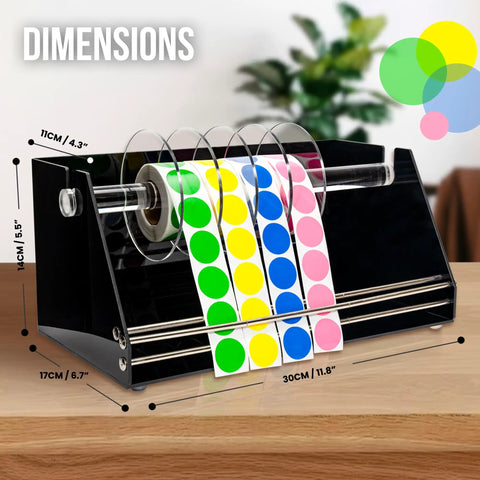 Rock Solid Acrylic Label Dispenser With Grippy Non Slip Base features colorful sticker rolls on a sleek design, ideal for workspace organization.