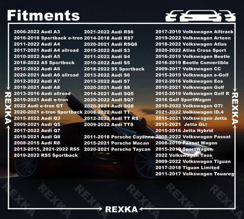 Fitment chart for 30 Piece T25 Self Tapping Torx Screws compatible with Audi, VW, Porsche models from 2006 to 2022.