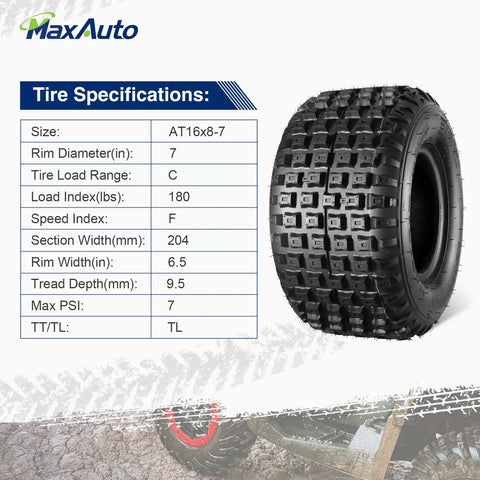 16x8-7 ATV Tires Set Of 2 Beefy Knobby Tubeless 6 Ply Go Kart Mini Bike Tires Heavy Duty 6PR Load Rating chart