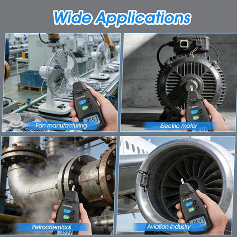 No Sweat Heavy Duty 2 In 1 Digital Rpm Tachometer Gauge Featuring Laser Photo Sensor And Physical Probe For Fast Engine Hvac Motor And Drone Shaft Speed Readouts in use on industrial fans and electric motors.