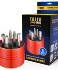 Five Piece Carbide Burr Set With One Quarter Inch Shank Beefy Double Cut Rotary Bits For Die Grinders Ideal For Wood Carving And Metalworking Comes In A Sturdy Storage Case YG10X Tungsten Carbide For Ultimate Strength Plus One Year Warranty