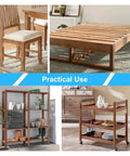 Wooden furniture showcasing chairs, bed frame, shelving unit, and trolley, illustrating practical use in various home settings.
