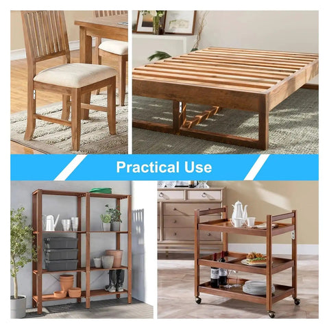 Wooden furniture showcasing chairs, bed frame, shelving unit, and trolley, illustrating practical use in various home settings.